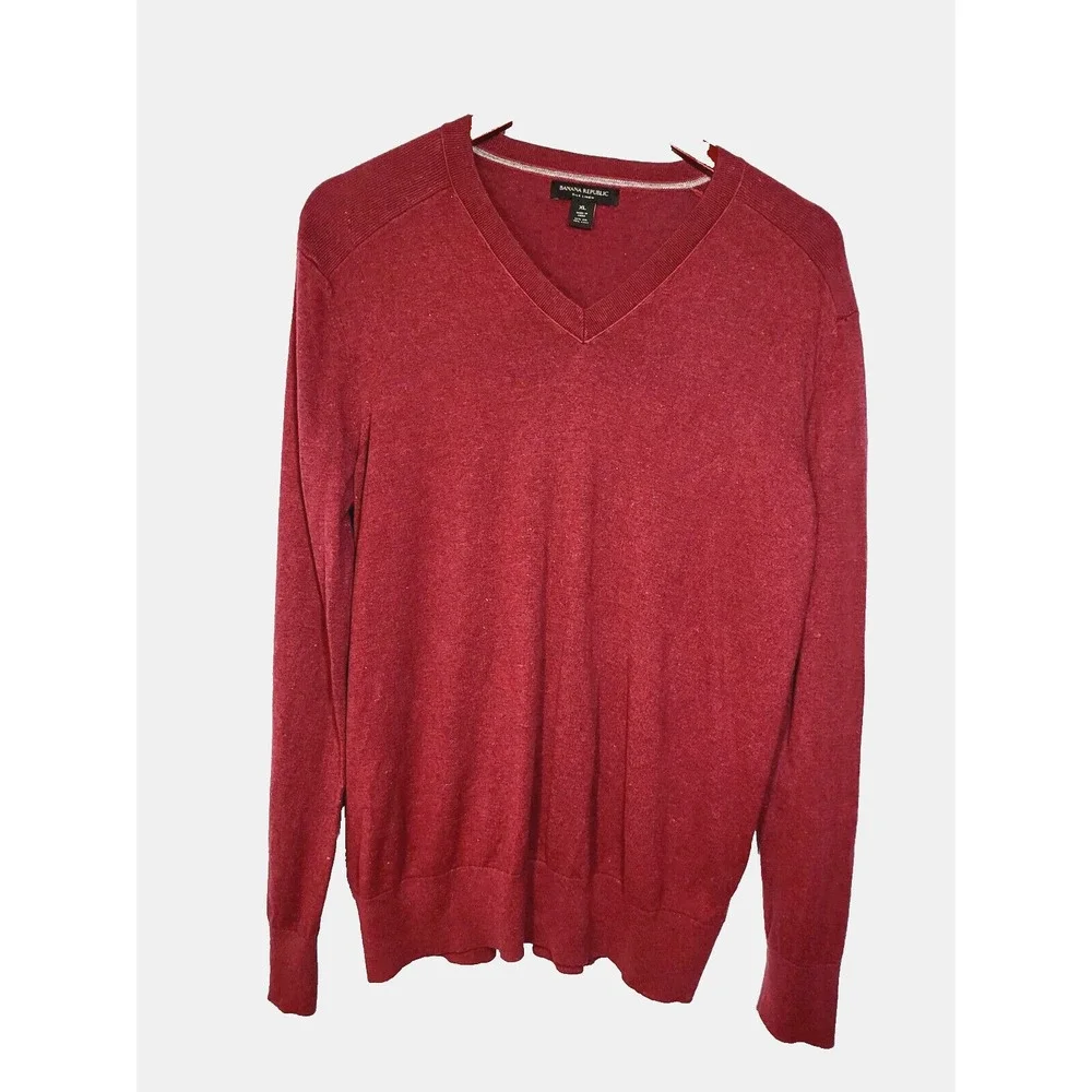 Banana Republic Cranberry V-Neck Mens Sweater Silk Linen‎ Long Sleeve XL